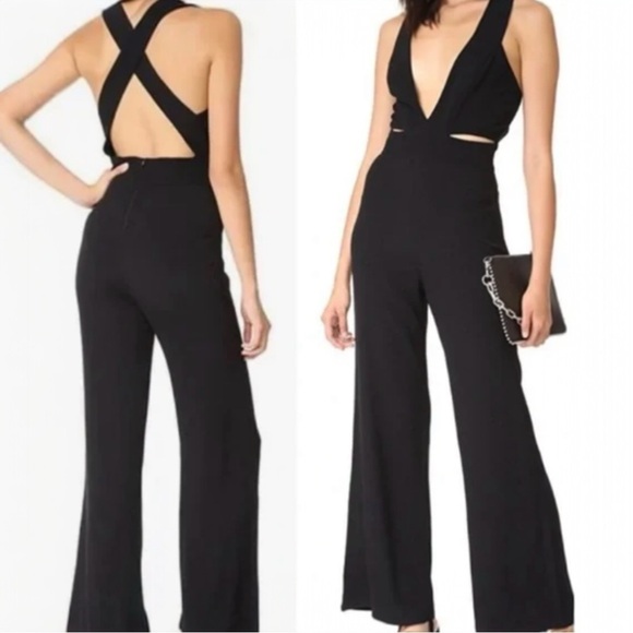 GUESS Sleeveless Slinky Halterneck Cutout Wide Leg Jumpsuit Black - Picture 1 of 11